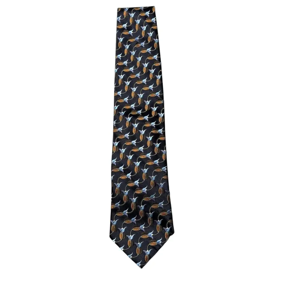 Ermenegildo Zegna Designer Tie Mens Navy Blue Silk Floral Bud Motif Adjustable